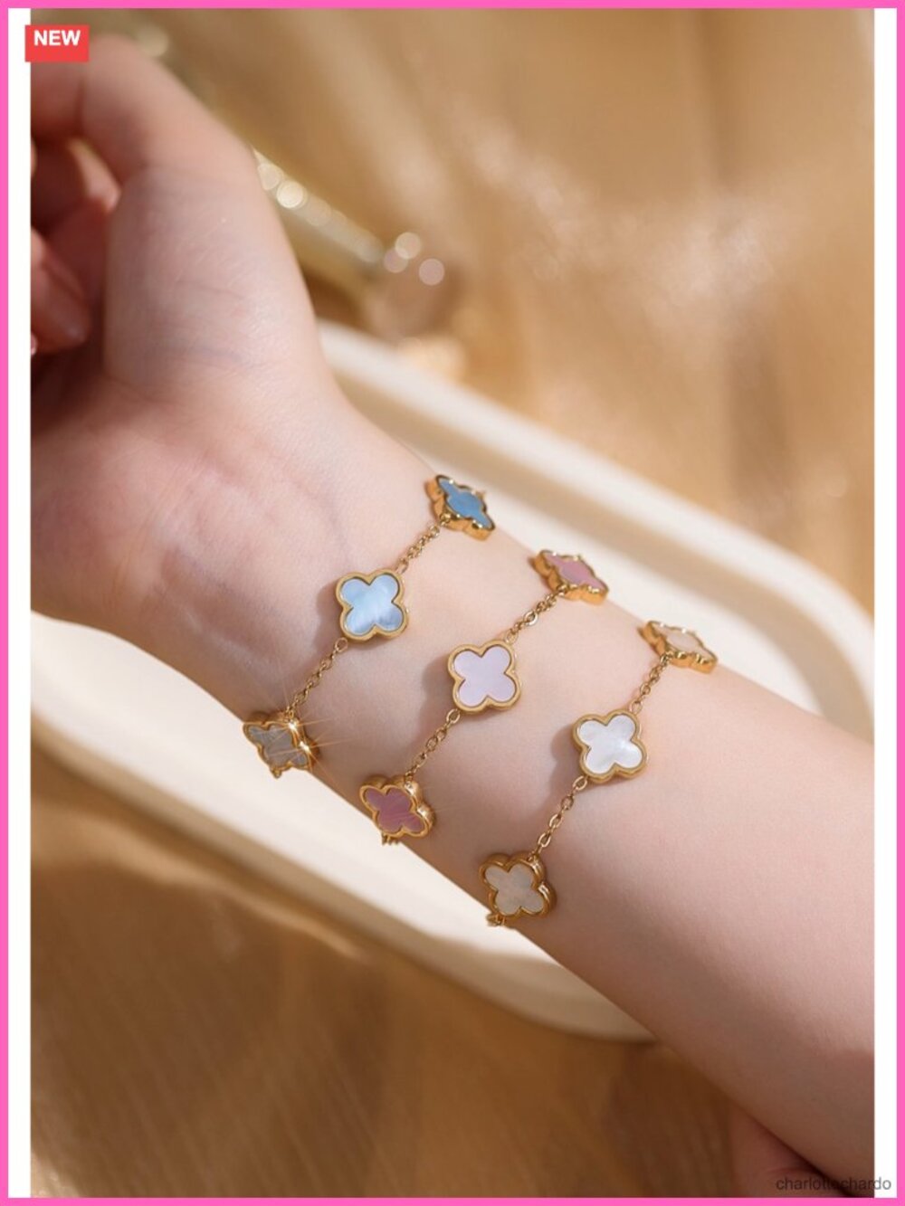 Genuine Mother of Pearl Four Leaf Clover Bracelet, 18K Gold Plated Dainty - Picture 6 of 6